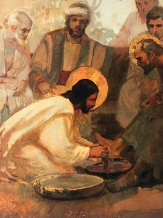 a painting of jesus washing his feet in the water while other men stand around him