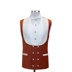 Package Includes: 1 x Jacket - 1 x Waistcoat - 1 x Pant  Be the best-dressed in Andre Emilio's Custom White Tuxedo with a gold velvet lapel. Shop today for an unforgettable look. Get free shipping.   	Fabric: 120s  	Lining Fabric: Silk  	Pattern: Solid  	Buttons: Burnt Orange Fabric  	Construction: Half Canvas  	Seasonality: All Season  	Jacket: Burnt Orange Shawl Lapel, 2 Straight Pockets, 1 Ticket Pocket  	Waistcoat: Ivory Shawl Lapel With Double Breasted  	Trouser: Flat front, Orange Stripe o Elegant Gold Three-piece Suit For Formal Occasions, Elegant Gold Three-piece Suit For Formal Events, Elegant Gold Outerwear With Suit Collar, Tailored White Vest For Semi-formal Occasions, Elegant White Party Vest, Classic Formal Vest With Lapel Collar, Elegant Formal Outerwear With Gold Buttons, White Fitted Formal Vest, White Fitted Vest For Formal Occasions