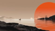 an orange sunset over the ocean with a boat in the water and mountains behind it