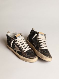 Golden Goose Mid Star, Golden Goose Mid, Beige Sneakers, Sneakers Street Style, Star Black, Glitter Sneakers