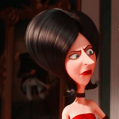 an animated woman in a red dress with black hair and big eyes looking at the camera