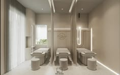 a bathroom with two sinks and three stools in the middle of the room,