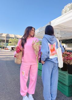 Citrus Squeeze! Pink sweatpants with citrus print on right thigh Featuring pockets, adjustable waistband and cinched ankles 60% cotton, 40% polyester, mid weight brushed french terry Wash cold with like colors / Tumble dry low Model is 5'5 wearing size small Colorful Oversized Outfit, Sweats Set Outfit, Girly Comfy Outfits, Sweat Sets Women, Sorority Sweat Sets, Colorful Sweatpants Outfit, Cute Sweat Sets, Sweat Set Outfits Women, Pink Out Outfits