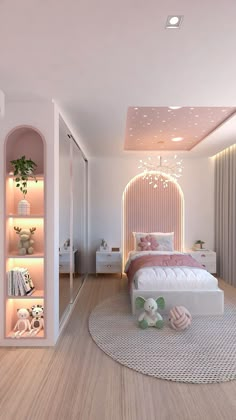 a bedroom with a bed, bookcases and shelves