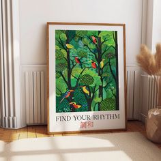 a poster on the floor in front of a radiator reads, find your rhythm