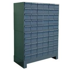 a large metal storage cabinet with many drawers on the top and bottom, against a white background