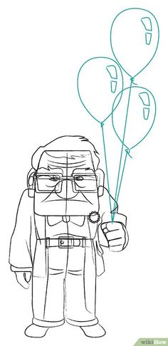 a drawing of an old man holding balloons