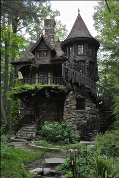 Witch House Blueprint, Victorian Forest House, Cottage In The Forest Aesthetic, House With Lookout Tower, Goth Houses Exterior, Magical Forest House, Dark Wood House Exterior, Witchy Cottage Exterior, Dark Academia Exterior