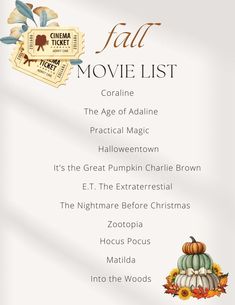 the fall movie list with pumpkins and other items