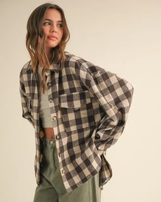 A fall staple that's ready for anything from hikes to hangouts. This plaid flannel shacket is crafted with soft brushed fabric that feels like a warm hug on a chilly morning. It's oversized fit means you can throw it on over your favorite tee or a chunky sweater. Neutral Flannel, Flannel Aesthetic, Flannel Shacket, Denim Essentials, Oversized Flannel, Queer Fashion, Beauty Event, Denim Day, Long Sleeve Outerwear