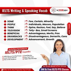 an advertisement for ielts writing and speaking vocab with a woman pointing to the side