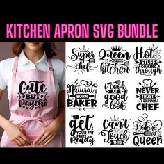 the kitchen apron svg bundle is shown in black and white, with different font styles