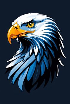 an eagle's head with yellow eyes and blue feathers on a black background illustration