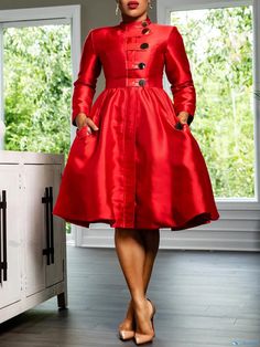 OrcaJump - Exquisite Plain Dress with Stand Collar, Buttoned Front, and Delicate Pocket Stitching Pocket Stitching, Line Dresses, Plain Dress, A Line Dresses, Red S, Style Elegant, Stand Collar, High Waist, A Line