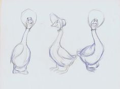 three drawings of ducks in different poses, one with a hat on its head and the other with a balloon