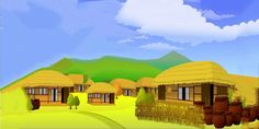 an animated image of some huts in the grass