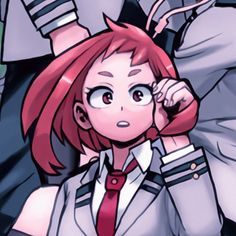 an anime character with red hair wearing a uniform and holding her hand to her ear