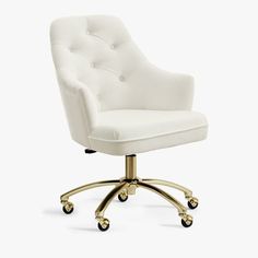 a white office chair with gold wheels on a white background