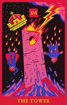 the tower tarot card is shown in red, blue and yellow colors with flames coming out of it