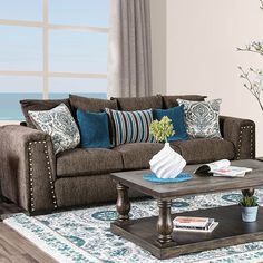 Pauline Charcoal Sofa Nailhead Sofa, Brown And Blue Living Room, Charcoal Sofa, Dining Room Area Rug, Area Room Rugs, Brown Couch, Brown Living Room, Brown Sofa, Blue Living Room