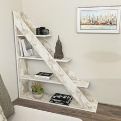 a bookshelf with some books on it and a camera in front of the bookcase