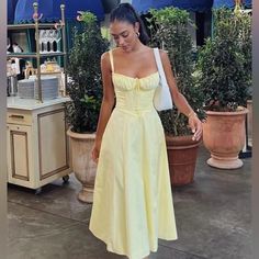 House Of Cb 'Carmen' Buttercup Bustier Sundress. Size Xl Bustier Sundress, Light Blue Midi Dress, Prom Dress A Line, Lace Up Back Dress, Carmen Dress, Satin Corset Dress, Yellow Sundress, Corset Midi Dress, Eliza Dress