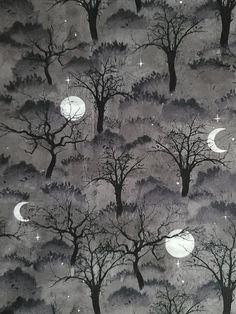 a painting of trees with moon and stars in the sky above them, on a gray background