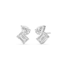 An excellent pair for everyday or special occasion wear, these earrings provide the perfect amount of sparkle to match your modern style. The stud earrings feature a pear-cut and an emerald-cut diamond sitting side by side on pronged baskets. Expect these studs with screw-back closure to infuse a hint of geometric glamour into any ensemble. Trending Diamond Jewelry, Harry Winston Earrings, Gallery Catalogue, Modern Diamond Earrings, Mama Jewelry, Emerald Cut Diamond Earrings, Sitting Side By Side, Geometric Jewellery, Emerald Studs