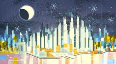 an abstract painting of a city with buildings and stars in the sky above it is a full moon