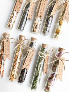 six different types of dried herbs are tied up in small packages with tags on them