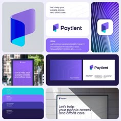 several different business cards with purple and blue designs on them, including the logo for payent