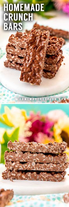 homemade crunch bars on a plate with flowers in the background