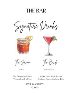 the bar signature drinks menu with two cocktails