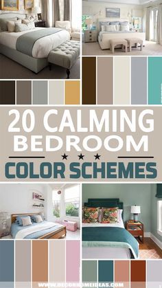 there is a collage of pictures with the words, 20 calming bedroom color schemes