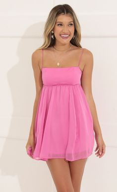 Chiffon Baby Doll Dress in Pink | LUCY IN THE SKY Baby Doll Hoco Dress, Homecoming Dresses Flowy, Pink Outfits Summer, Evening Gowns Pink, Pink Baby Doll Dress, Recruitment Dresses, Homecoming Inspo, Chiffon Babydoll Dress, Mitzvah Dresses