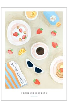 a painting of food and drinks on a table with the words summer morning written below it