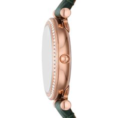 The Carlie from Fossil in deep green is a sophisticated style choice. 28mm rose gold-tone stainless steel case Green sunray dial with rose gold-tone accents, three-hand movement, and a mix of Roman numeral and stick markers Green LiteHide™ leather strap Kays Engagement Ring, Thomas Sabo Bracelet, Gold Layered Bracelets, Pearl Diamond Jewelry, Cross Jewelry Necklace, Fan Jewelry, Men's Watches Luxury, Bezel Engagement Ring, Diamond Wedding Rings Sets