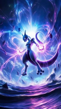 the pokemon movie poster has an image of a cat in purple and blue colors with lightning behind it