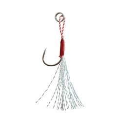 a red and white fishing hook hanging from a hook