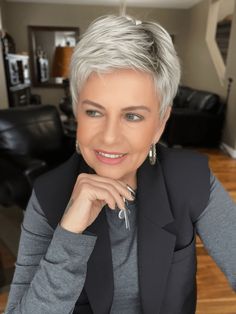 True Pixie Haircut, Grey Pixie Hair, Short Gray Hair, Short Curly Pixie Cut, Short Grey Haircuts, Fine Hair Pixie Cut, Grey Hair Wig, Gray Hair Pixie Cuts, Short Silver Hair