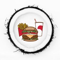 a paper plate with a hamburger and fries on it next to a glass of soda