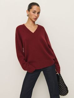 We're just happy to know you're cozy out there. Shop the Jadey Oversized V-neck Sweater from Reformation, a relaxed fitting sweater, with a V neckline. Red Vneck Sweater Outfit For Women, Vneck Sweater Outfit, V Neck Sweater Outfit, Baggy Sweater Outfits, Dark Red Sweater, Burgandy Sweater, Square Neck Sweater, V Neck Sweaters, Land Animals