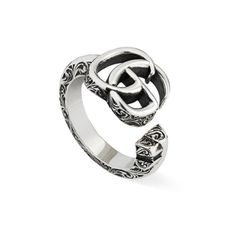 From Gucci, this ring is crafted in sterling silver with an aged finish that adds an antique quality to the overall design. This style features intricate arabesque engraving and the iconic Gucci Marmont double G motif as the top piece of a key which is formed into a ring. Made in Italy. This ring is a size 6.75. Gucci Ring, Gucci Rings, Fall Rings, Gucci Jewelry, Luxury Rings, Gg Marmont, Designer Gifts, Luxury Gifts, Open Ring