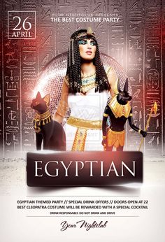 an egyptian party flyer with a woman in ancient costume