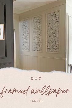 three framed wallpaper panels on a wall in a living room Framed In Wallpaper Wall, Wallpaper In Art Niche, Wallpaper In Frames On Wall, Wallpaper As Artwork, Framed Wallpaper Accent Wall, Trimmed Wallpaper Panels, Framed Wallpaper As Art, Diy Wallpaper Frame, Wallpaper Inset Panels