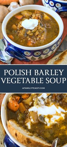 polish barley vegetable soup in a blue and white bowl