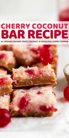 cherry coconut bar recipe with text overlay