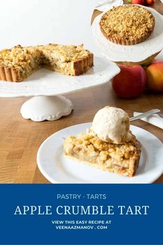 an apple crumble tart is on a plate next to two plates with pie and ice cream