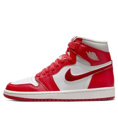 The iconic Air Jordan 1 High OG 'Newstalgia Chenille' Women has been refreshed with subtle, yet visually striking details that are sure to make a statement. Combining a classic leather upper in a combination of white and Varsity Red overlays along the toe and heel area, the design is complete with high-cut collars lined with soft terry cloth for an extra comfortable fit. What truly makes this shoe stand out are its signature Swooshes created with red chenille fabric, as well as the replace of st Logo Wings, Retro Jordans, Jordan Retro 1, Womens Air Jordans, Shoes Stand, Popular Sneakers, Air Jordan Retro, Jordan 1 High Og, Jordan Sneakers