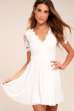 Lulus Exclusive! Look like you just arrived off of cloud nine in the Angel in Disguise White Lace Skater Dress! Elegant scalloped lace shapes a V-neckline and short sleeves atop a banded waist and flirty, chiffon skater skirt. Hidden back zipper/clasp. Graduation Dresses 2023, White Graduation Dresses, Gatlinburg Wedding, Angel In Disguise, Burgundy Skater Dress, Backless Lace Dress, White Lace Skater Dress, White Dresses Graduation, White Crochet Dress